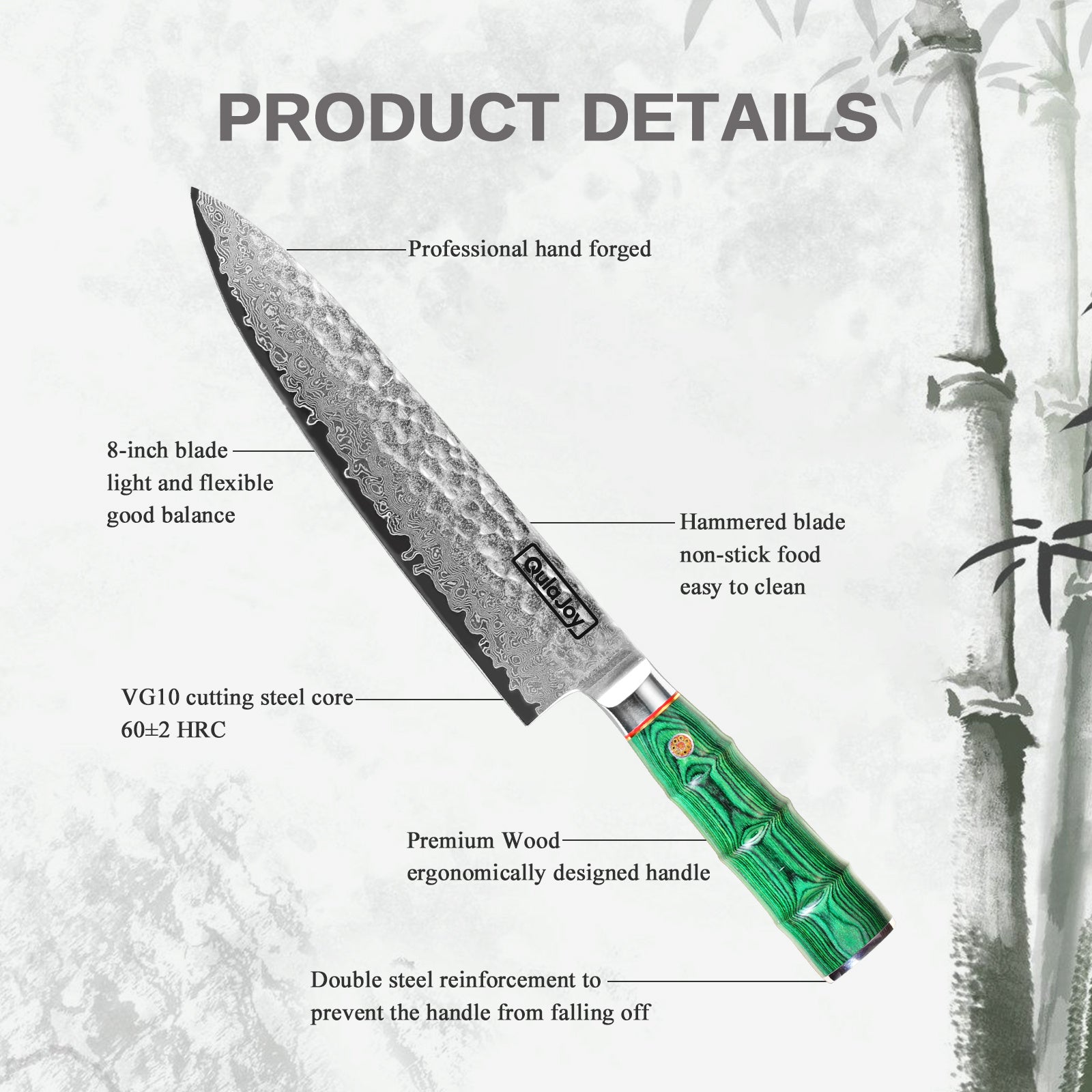 Qulajoy Japanese Chef Knife 8 Inch, 67-Layer Damascus VG-10 Steel Core — Hammered Blade & Ergonomic Bamboo-Style Wooden Handle