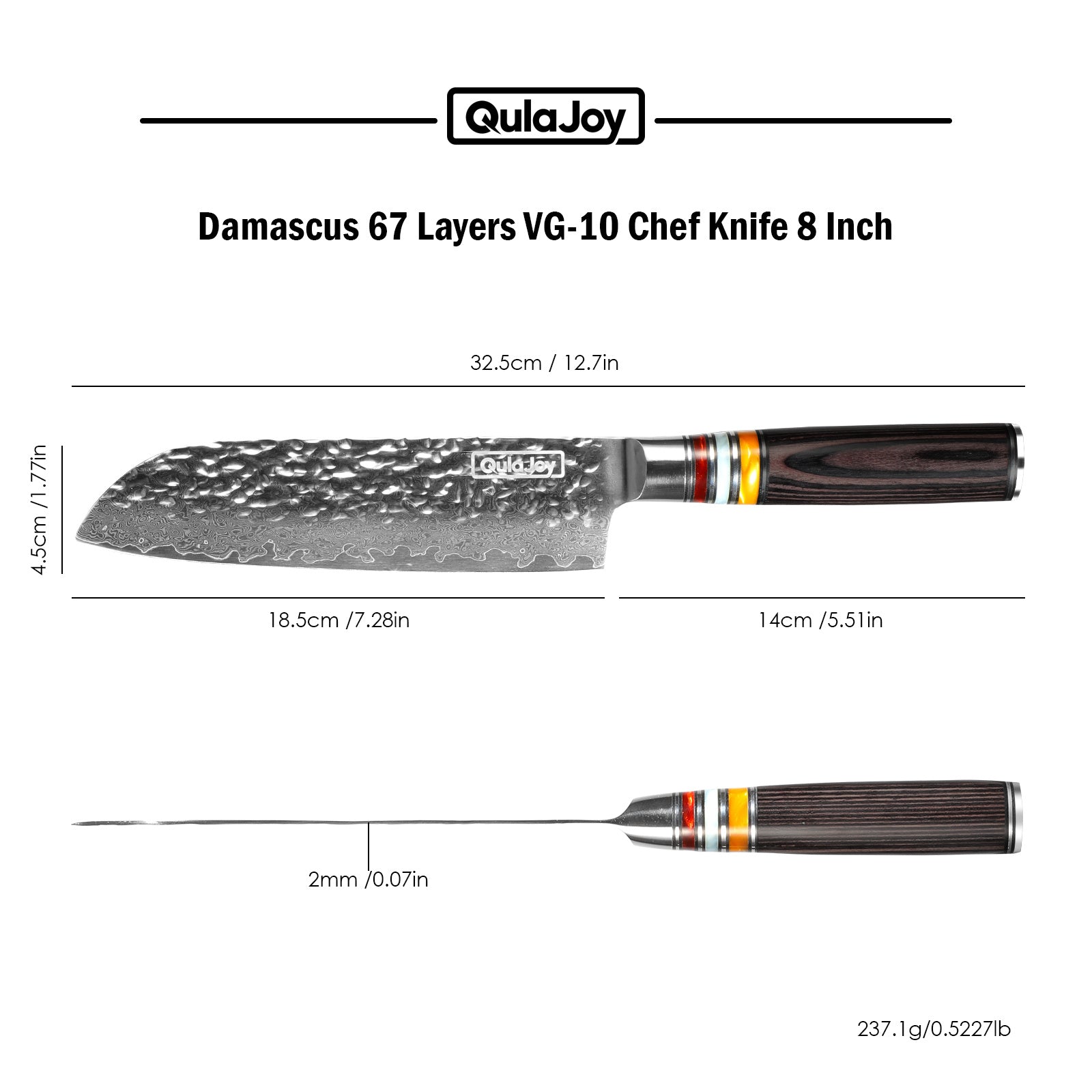 Qulajoy 7 Inch Nakiri Chef Knife, 67-Layer Damascus VG-10, Pakkawood Handle