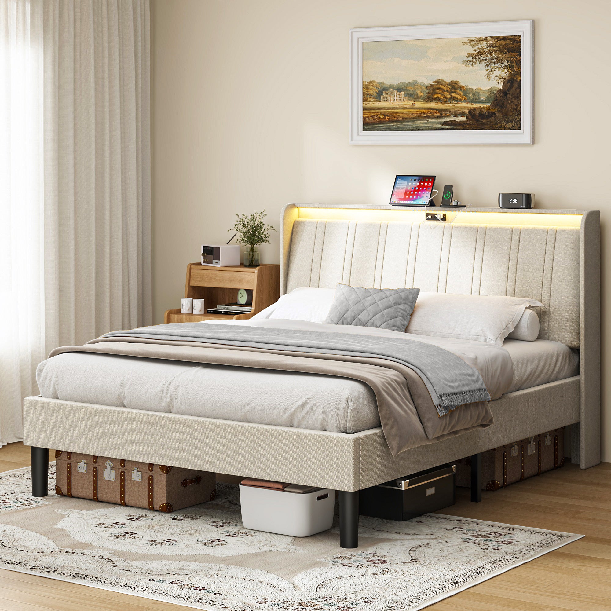 Platform Bed Frame with Upholstered Headboard, Built-in USB & AC Charging (Full/Queen/Twin)