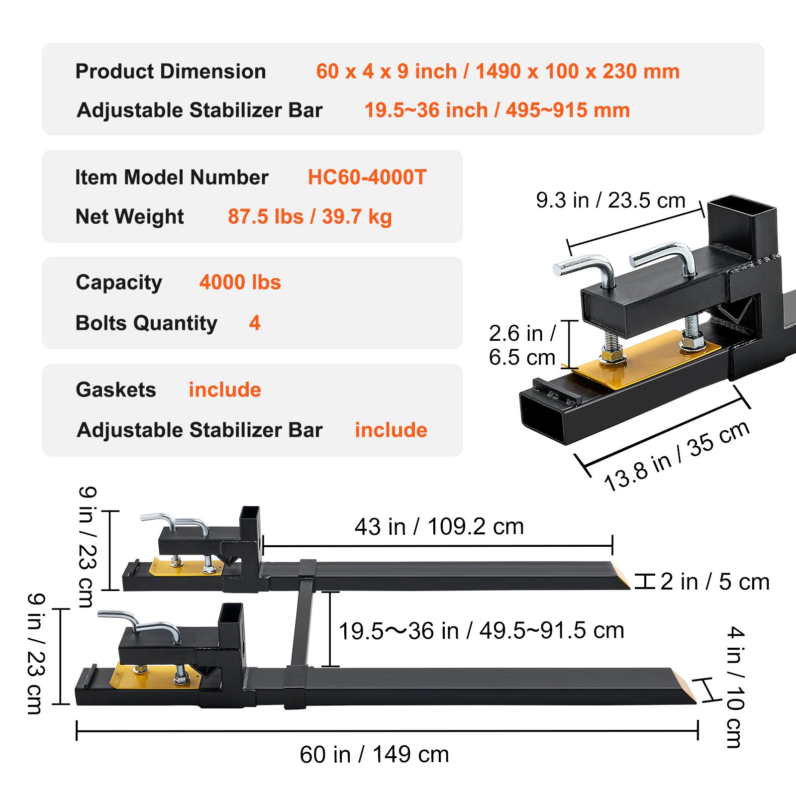 VEVOR 60" Clamp-On Pallet Forks — 4,000 lb Capacity, Adjustable Stabilizer
