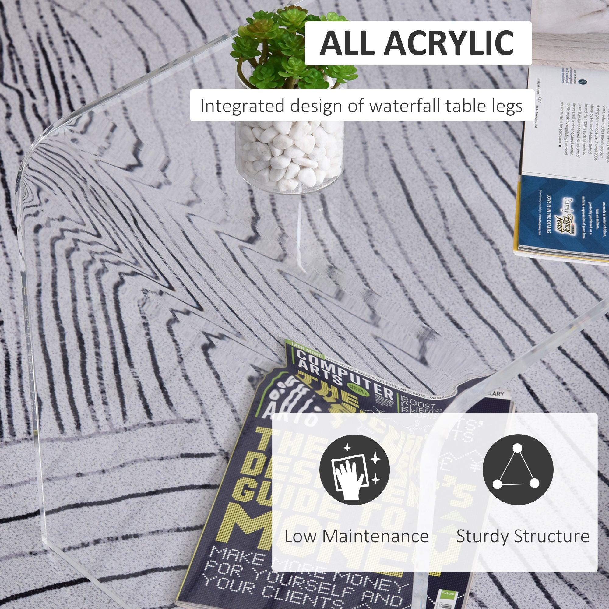 Coocosh All Acrylic Coffee Table featuring an integrated waterfall leg design, transparent finish, compact dimensions, perfect for modern living spaces, offering a low maintenance and sturdy structure.