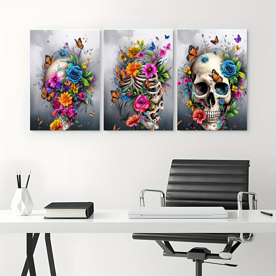 3 Pieces Skull Art Canvas Painting - Framed Contemporary Minimalist Artwork