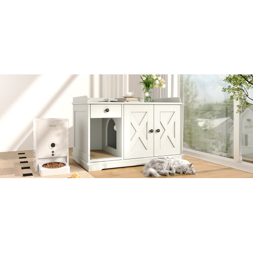 GO Cat Litter Box Enclosure, Hidden Litter Box Furniture with Storage Drawer & Mat — Farmhouse White