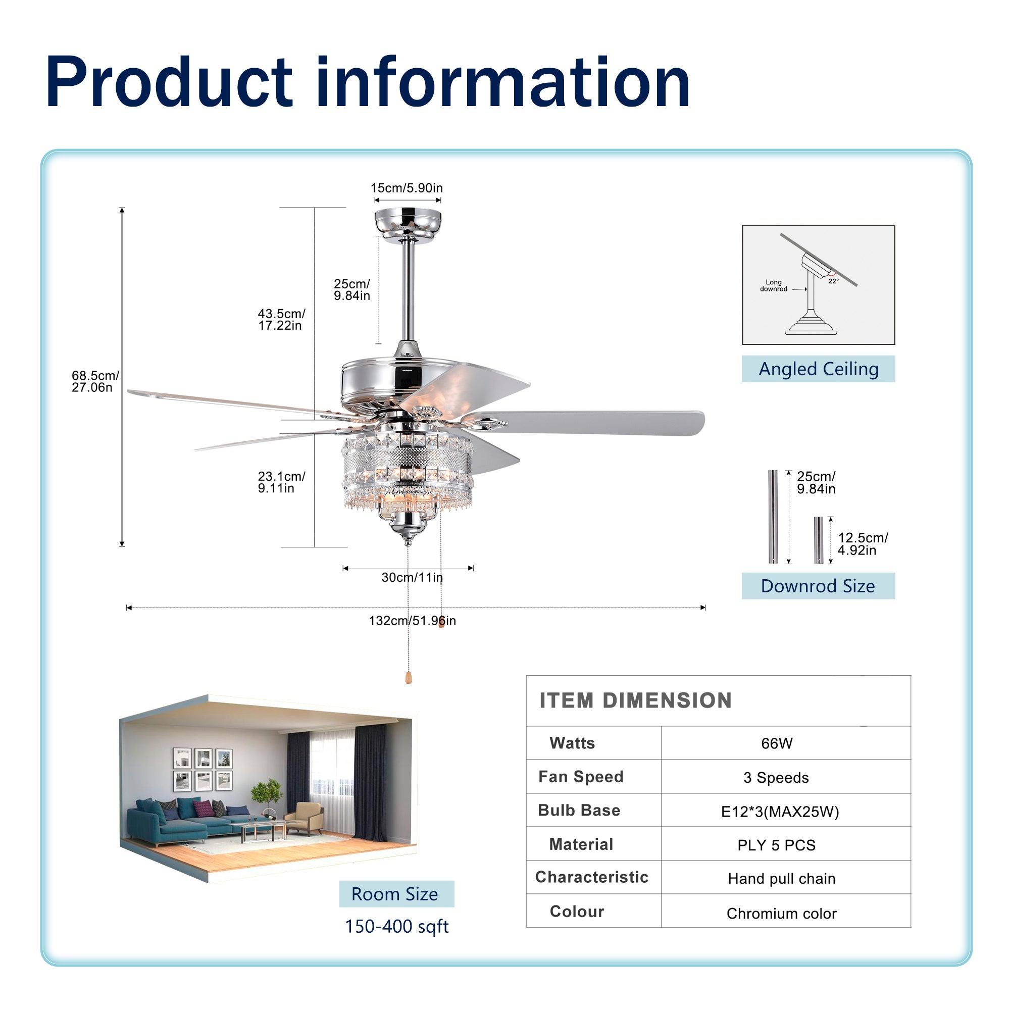 3-Light Chrome Drum Shade LED Ceiling Fan — Traditional Farmhouse Crystal 52"