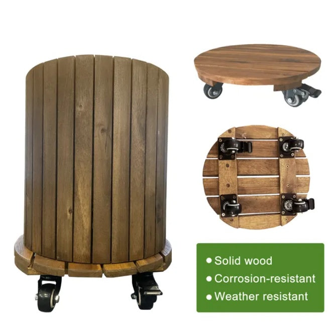 Coocosh Solid Wood Rolling Cart with Corrosion-Resistant Casters, Weather Resistant, Brown, 18" Diameter, Lifestyle perspective showcasing versatility and mobility for indoor or outdoor use.