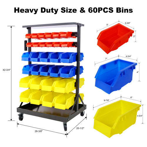 6-Tier Dual-Sided Rolling Bin Rack , 350 Pound Capacity, Includes 60 Organizer Bins, With Tray And Casters