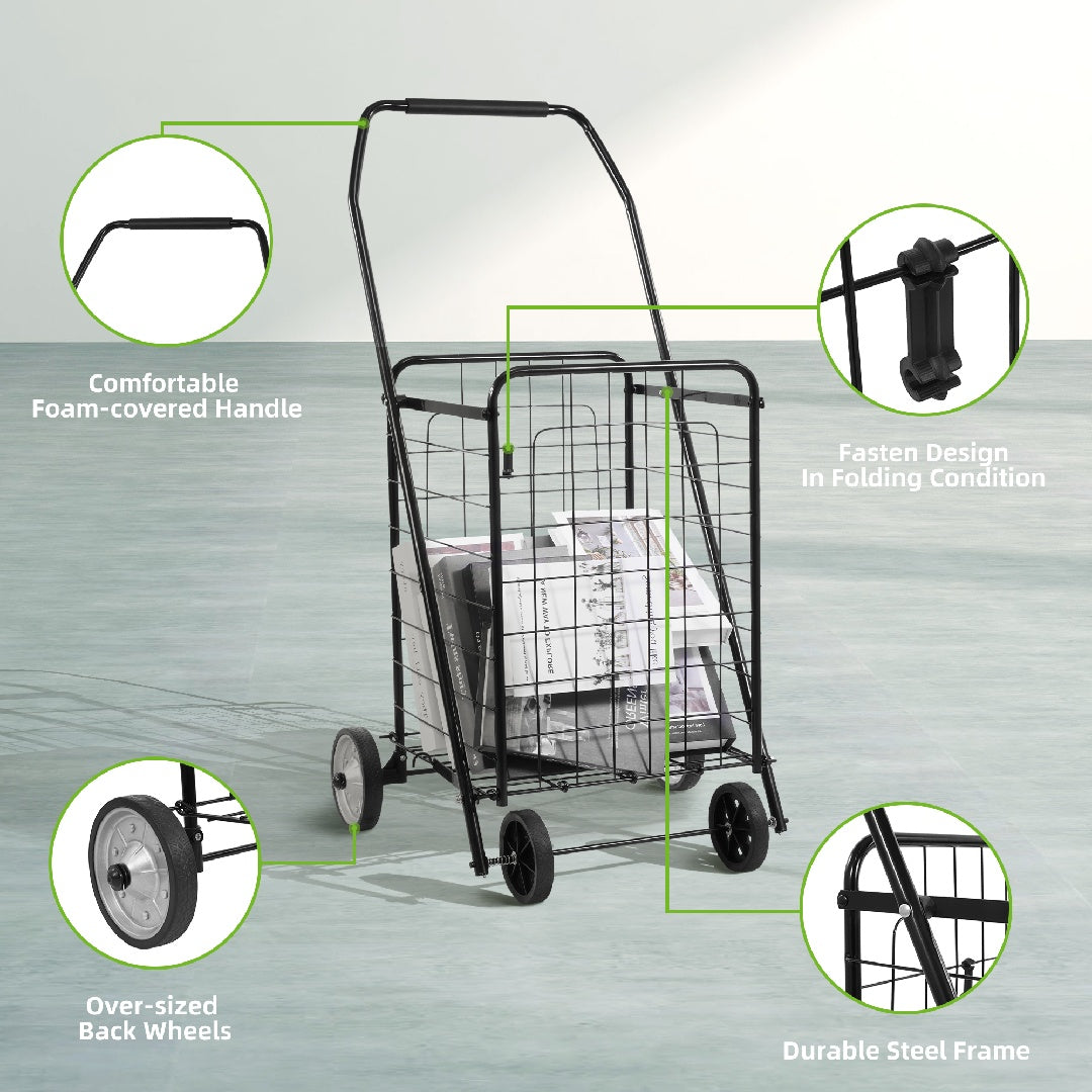 Coocosh black wire shopping cart with over-sized back wheels, comfortable foam-covered handle, and a fasten design for folding, featuring a durable steel frame. This cart is perfect for groceries or errands. Full product view. 