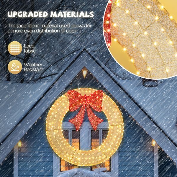 60in Pre-Lit Outdoor Christmas Wreath Decoration — 400 LED, Gold with Red Bow