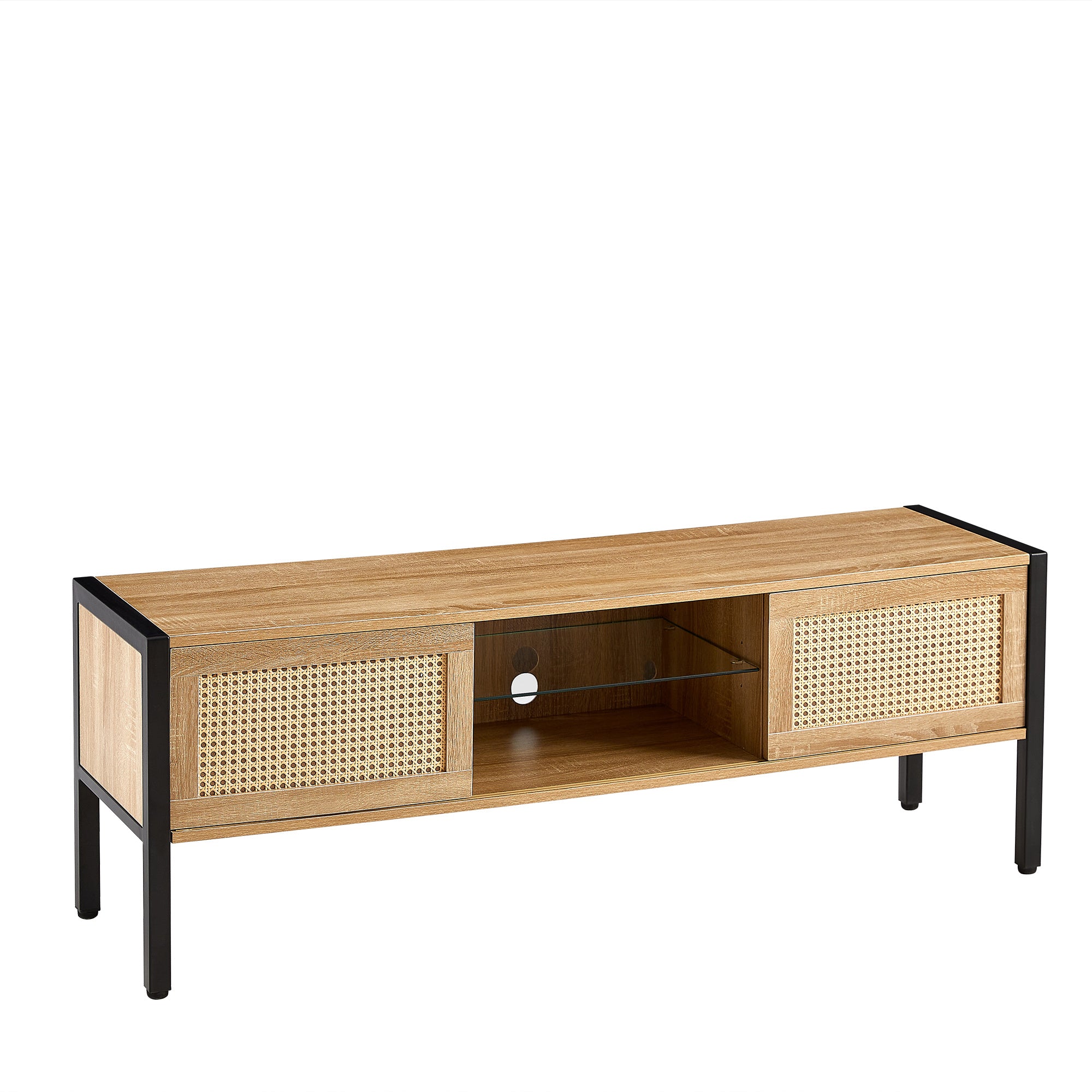 Rattan TV Cabinet Double Sliding Doors TV Console TV Stand For Living Room