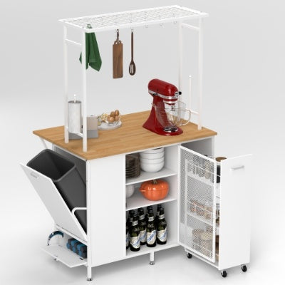 Coocosh kitchen island cart with a butcher block countertop, white frame, and integrated trash bins and spice rack with PE netting for organized storage and easy access.