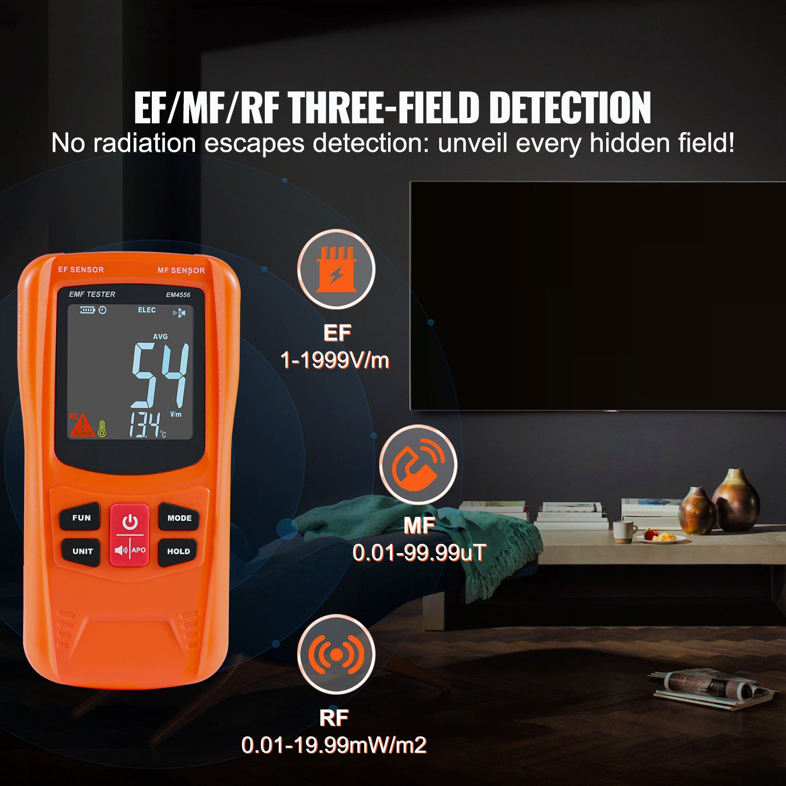 VEVOR 3-in-1 EMF Meter, 5Hz-6GHz — Handheld Rechargeable EF/MF/RF Detector