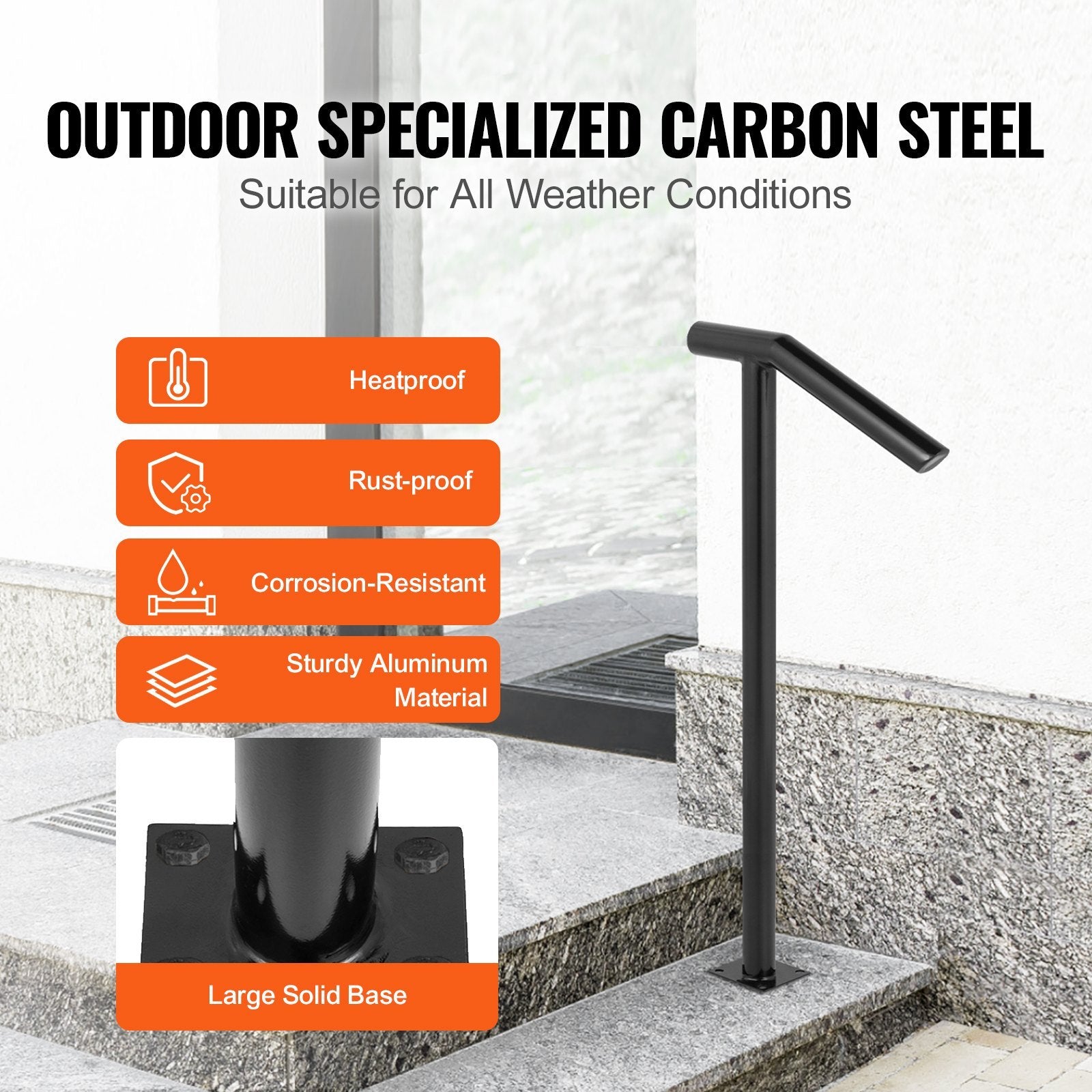 VEVOR Single-Post Outdoor Steel Handrail — Black, 441 lb Capacity