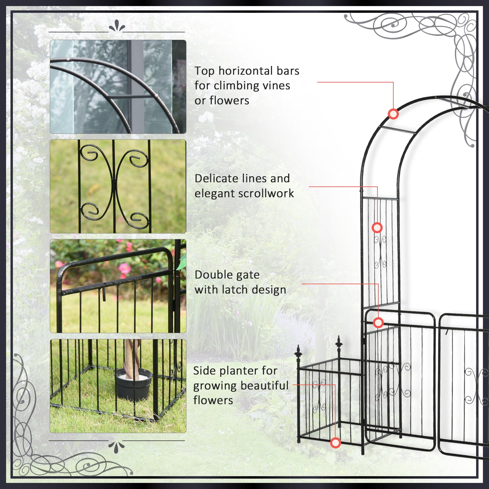Coocosh garden archway made from durable metal, perfect for supporting climbing plants, finished in elegant black, creating a charming entryway for any outdoor setting.