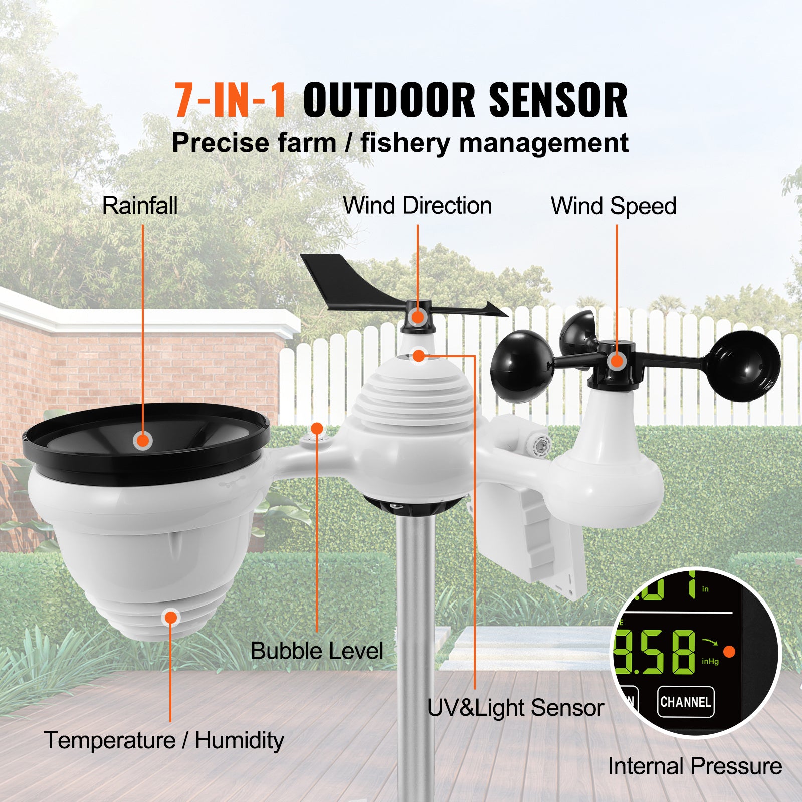 VEVOR 7in1 WiFi Weather Station, 7.5 In Color Display - Indoor/Outdoor Solar Sensor