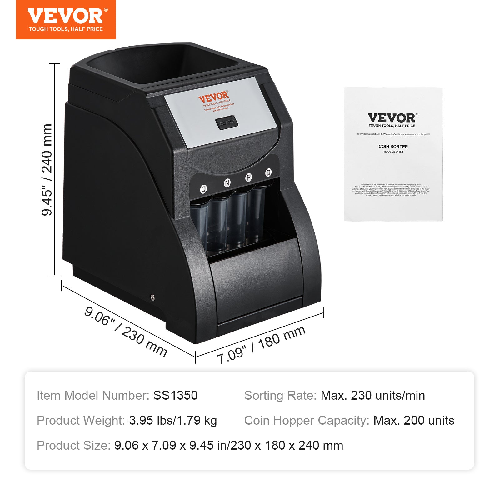 VEVOR USD Coin Sorter, Coin Sorter & Wrapper Machine (SS1350) — Black