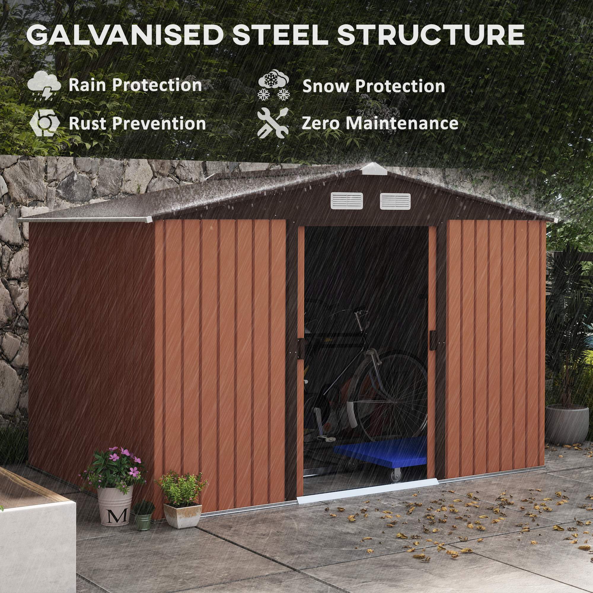 Coocosh Galvanised Steel Shed featuring a durable rust prevention structure in a sleek brown color, designed for resilient protection against rain and snow, perfect for outdoor storage, with a spacious main view perspective.