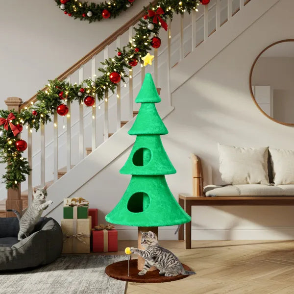 59in Large Tall Christmas Tree Cat Tower With 2 Cat Condos & Scratching Post, Soft Fleece, Teaser Toy, Sturdy Base - Green