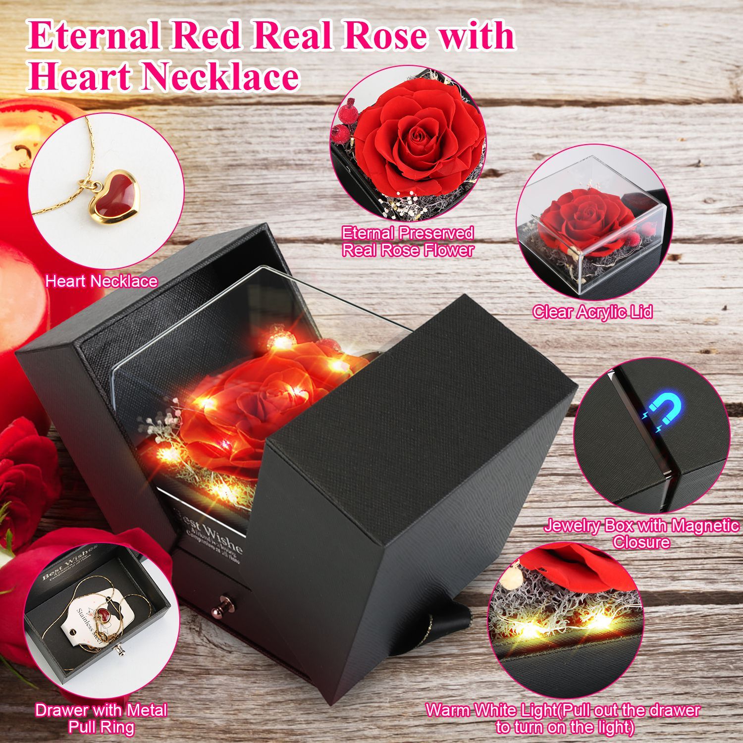 Coocosh Eternal Red Real Rose with Heart Necklace gift set featuring a preserved rose in a clear acrylic box, black jewelry box with magnetic closure, and a warm white light, ideal for special occasions.