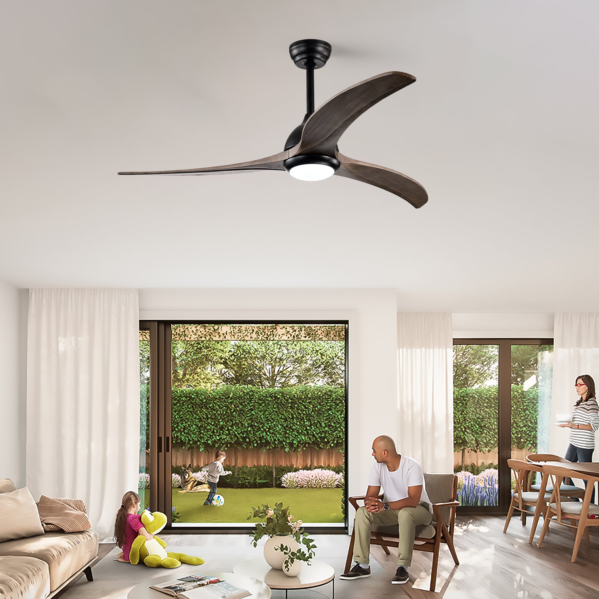 52" Ceiling Fan with Light & Remote — Indoor/Outdoor, Matte Black
