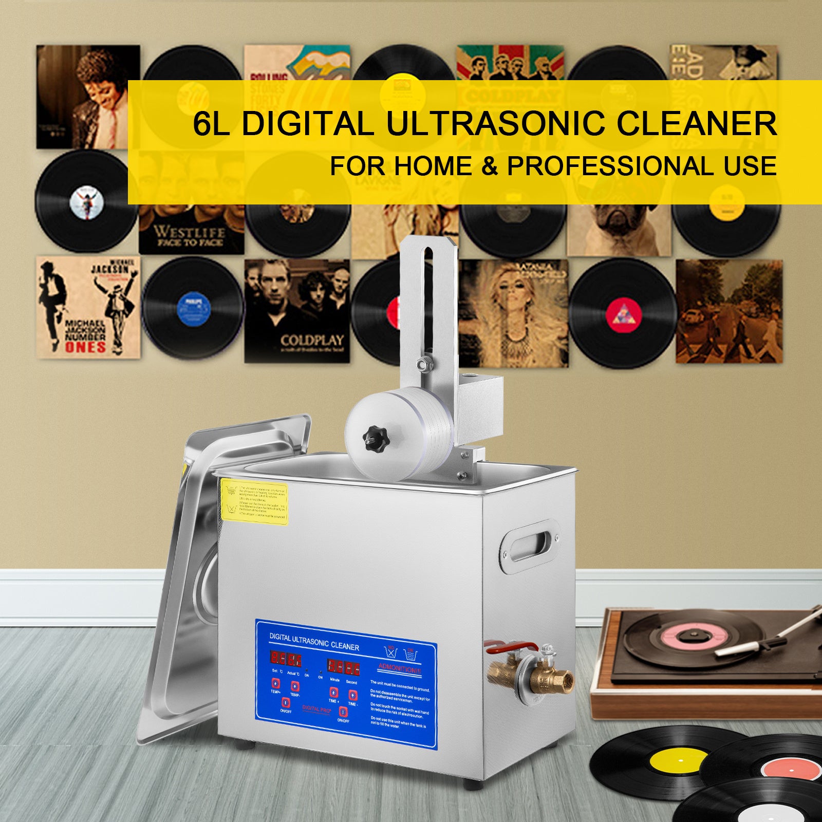 VEVOR 6L Ultrasonic Vinyl Cleaner — 180W 40kHz, Cleans 8 Records