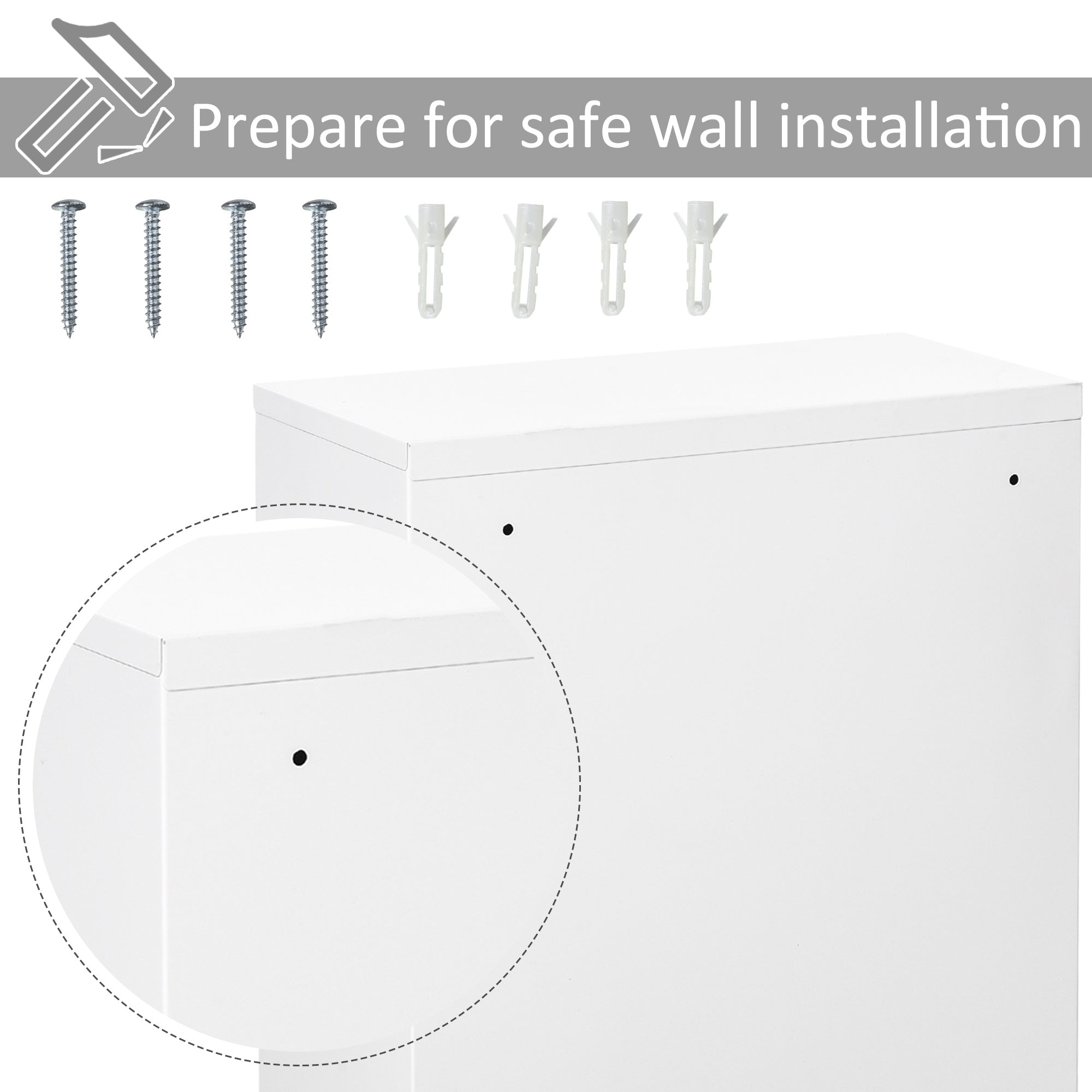 Coocosh Wall-Mount Organizer with Secure Installation Features, Durable White Finish, 20x10x5 Inches, Close-up of Installation Points for Easy Setup.