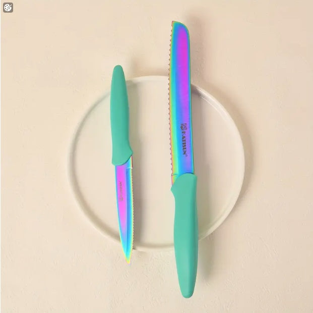 14-Piece Rainbow Colored High Carbon Stainless Steel Kitchen Knife Set with Wooden Stand & Scissors