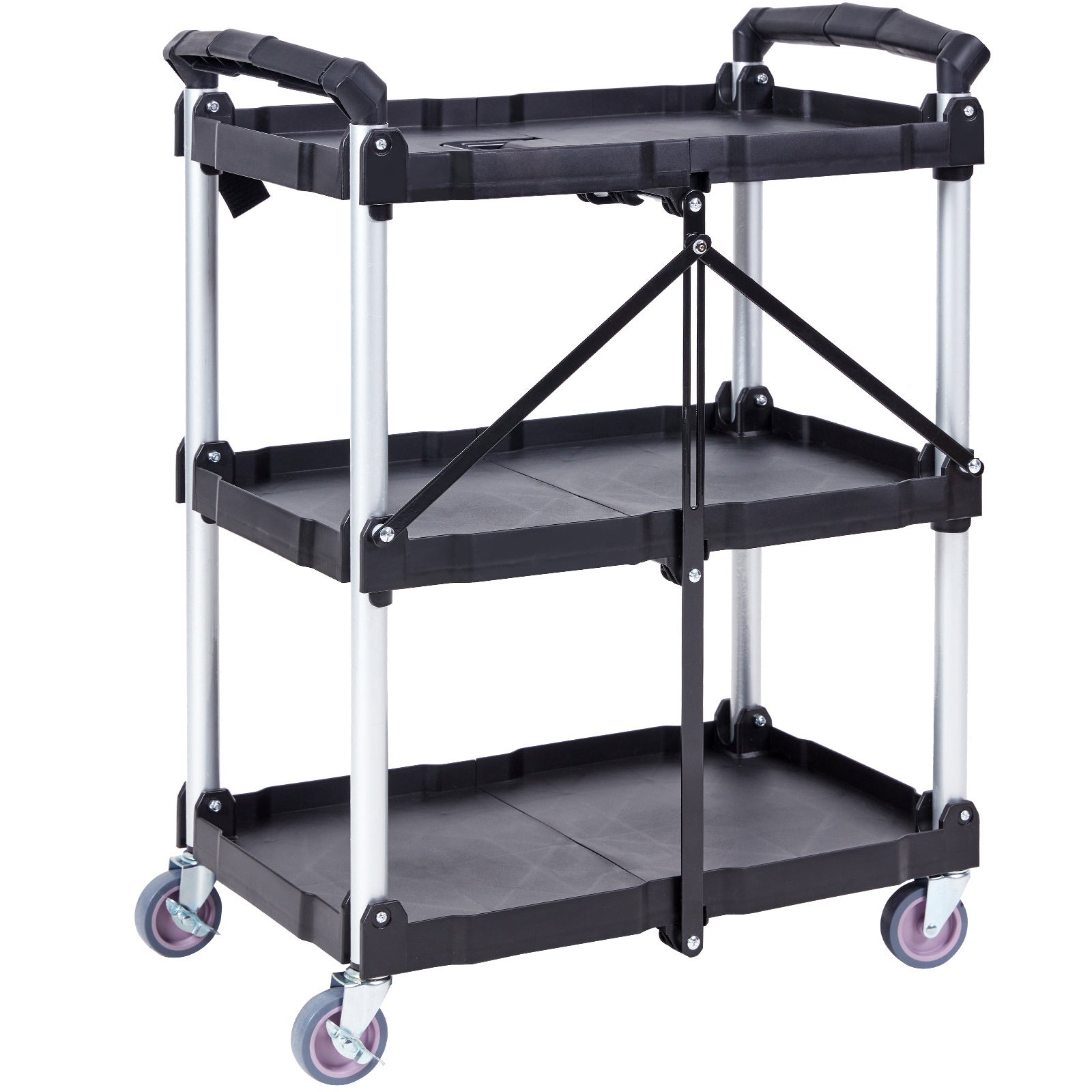 VEVOR Foldable Utility Service Cart, 3 Shelf 165LBS Heavy Duty Plastic Rolling Cart With Lockable Wheels, Ergonomic Handle, Portable Garage Tool Cart