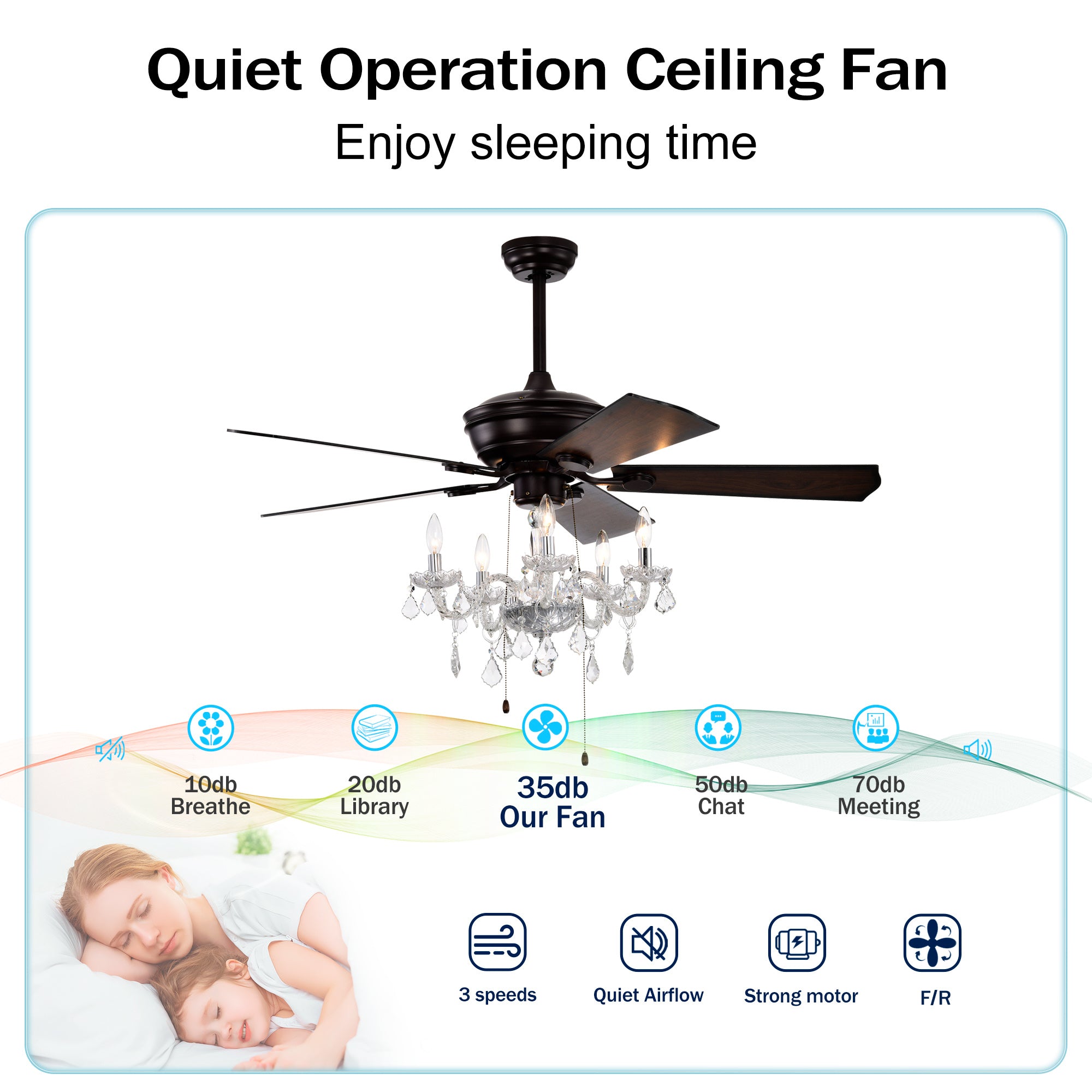 52" Matte Black Crystal Shade Ceiling Fan Lamp — 3-Speed Reversible Motor, 5 Reversible Blades (E12×5, Bulbs Not Included)