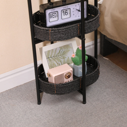 Small Handwoven Side Tables 3-Tier Oval Organizer Portable Storage Shelf For Kitchen, Living Room, Bedroom, Balcony, Picnic - Black