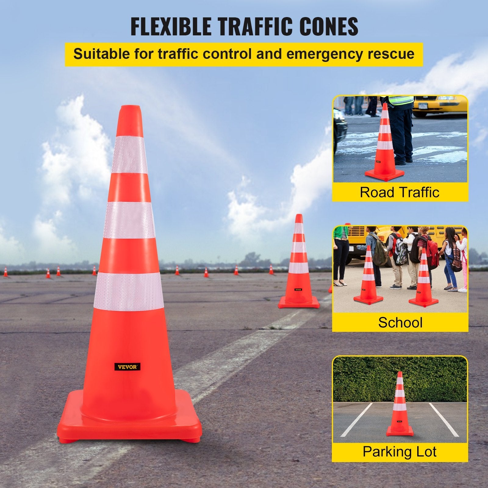 VEVOR Safety Cones, 6-Pack PVC Traffic Cones with Weighted Base & Reflective Collars