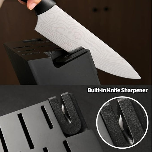 Damascus Pattern 15-Piece Kitchen Knife Set With Block, High Carbon Steel Chef Knife, Includes Sharpener And Scissors, Ergonomic Black Anti-Slip Handle And Red Trim