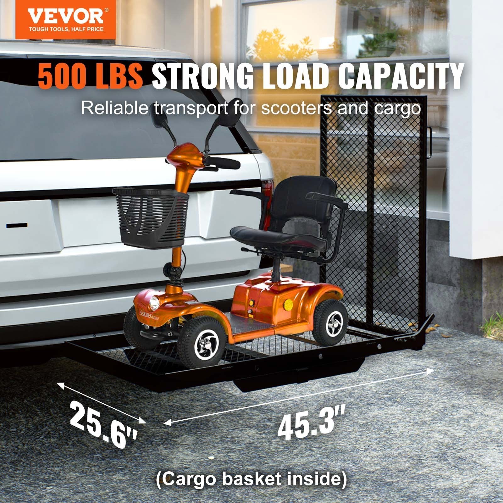 VEVOR Hitch Mount Cargo Carrier, Iron Hitch Cargo Rack With Folding Ramp — 500LBS