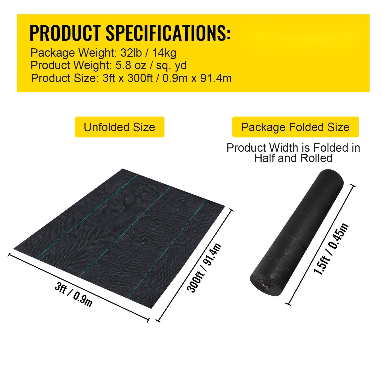 VEVOR Weed Barrier, 5.8oz Landscape Fabric, 3ft x 300ft Heavy-Duty Woven Geotextile - Black