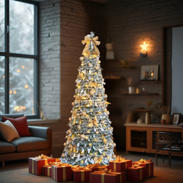 6 FT Snow Flocked Pre-lit Pop-Up Christmas Tree with 100 Warm Lights & Golden Ornaments