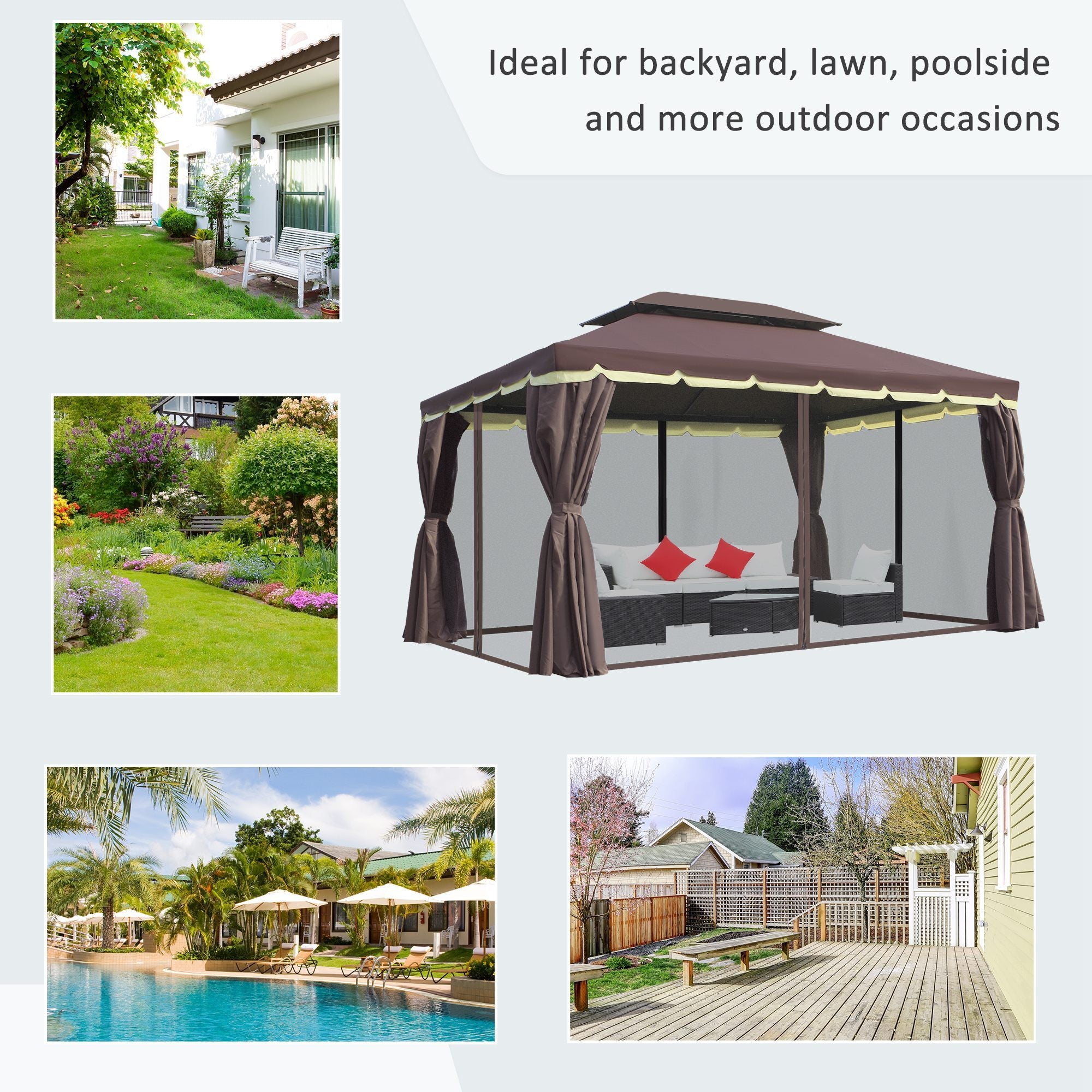 Coocosh Gazebo with PE Netting and Fiberglass frame in Brown, ideal for outdoor gatherings, featuring a spacious design that fits perfectly in backyards, poolsides, or gardens, enhancing your outdoor experience.