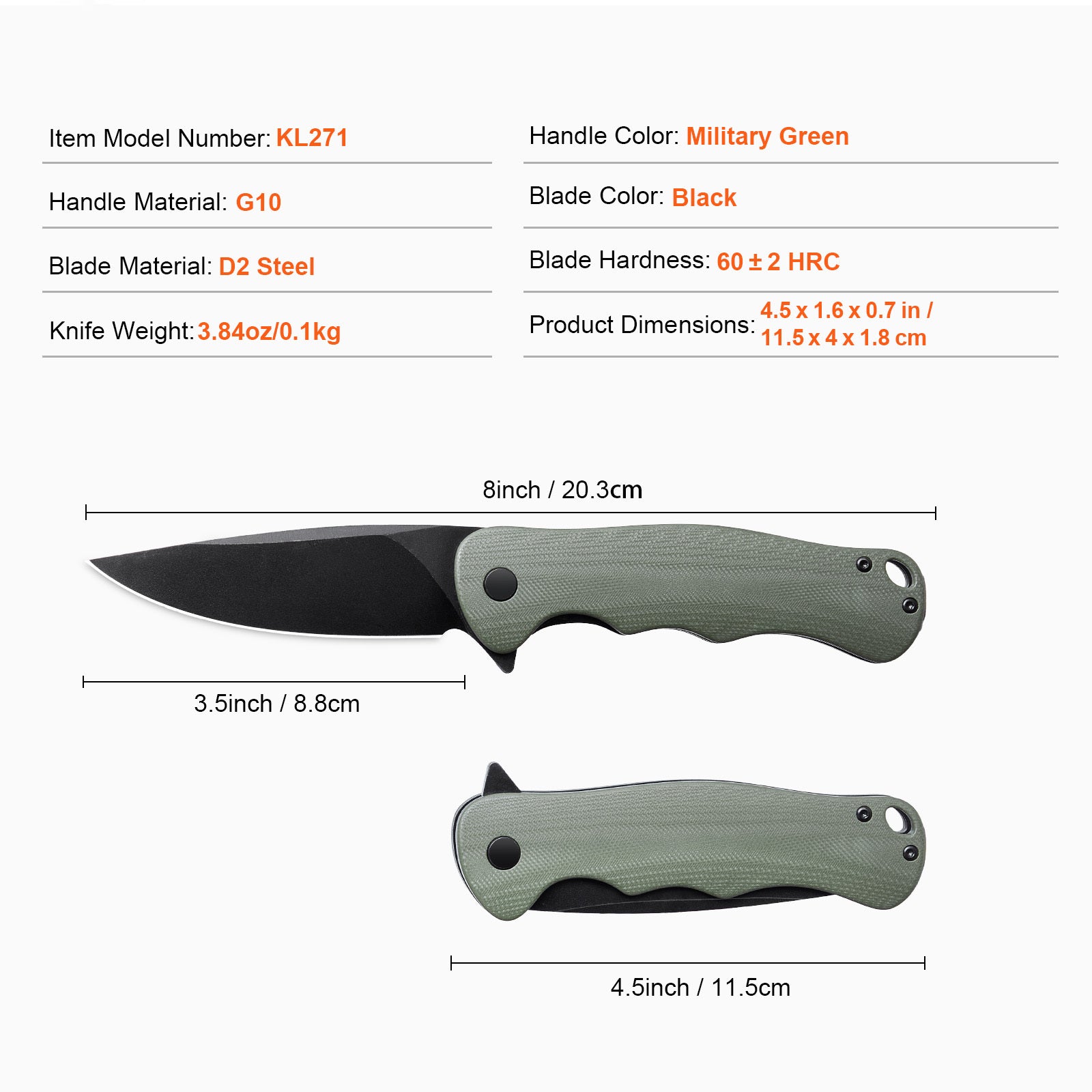 Folding Pocket Knife 3.5 In 8.8 Cm D2 Steel Blade G10 Handle Pocket Clip