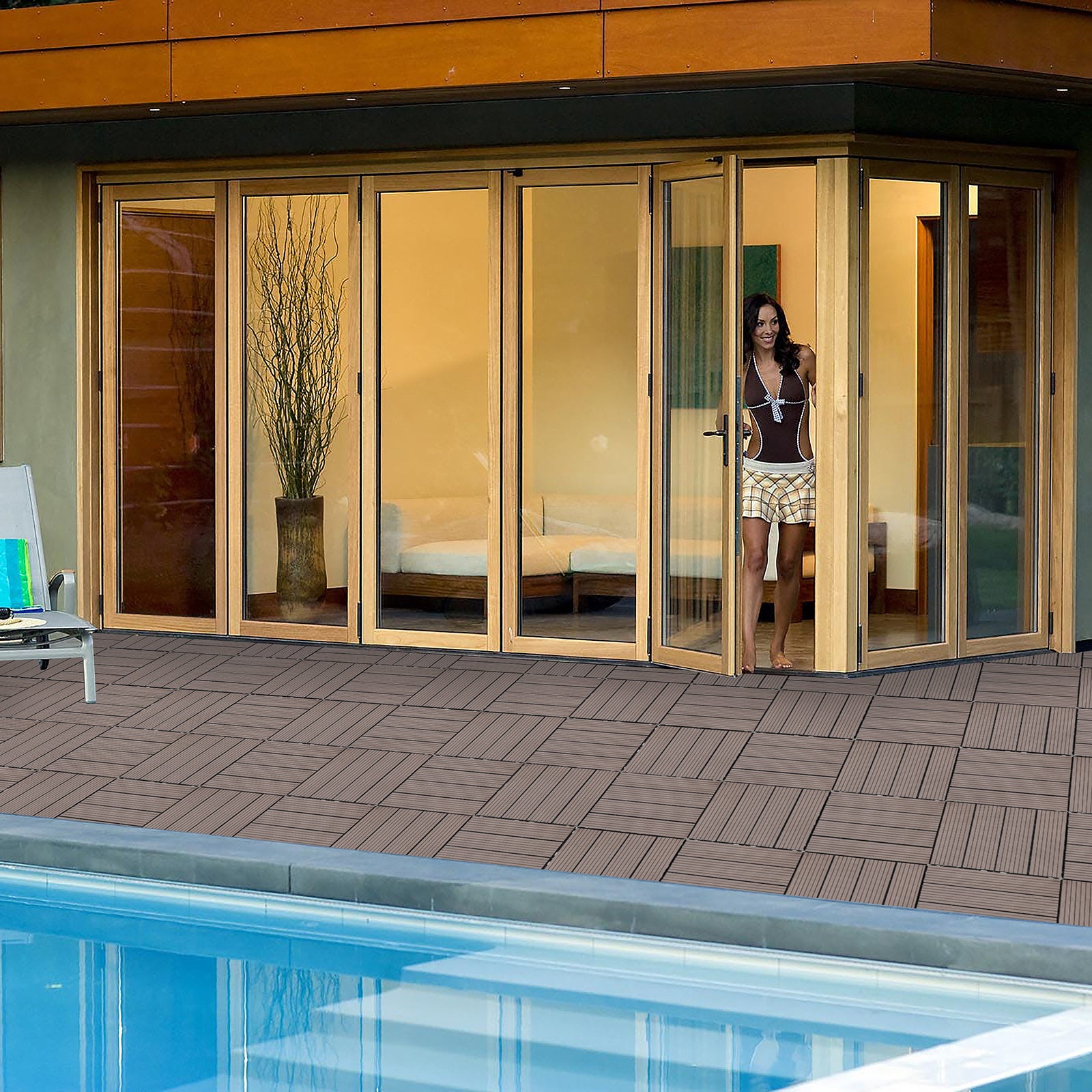 Coocosh deck tiles made from wood-plastic composite in light coffee color, 12x12 size, designed for easy installation and improved drainage for your patio.
