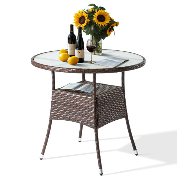 31.5" Round Brown Rattan Wicker Patio Table with Glass Top