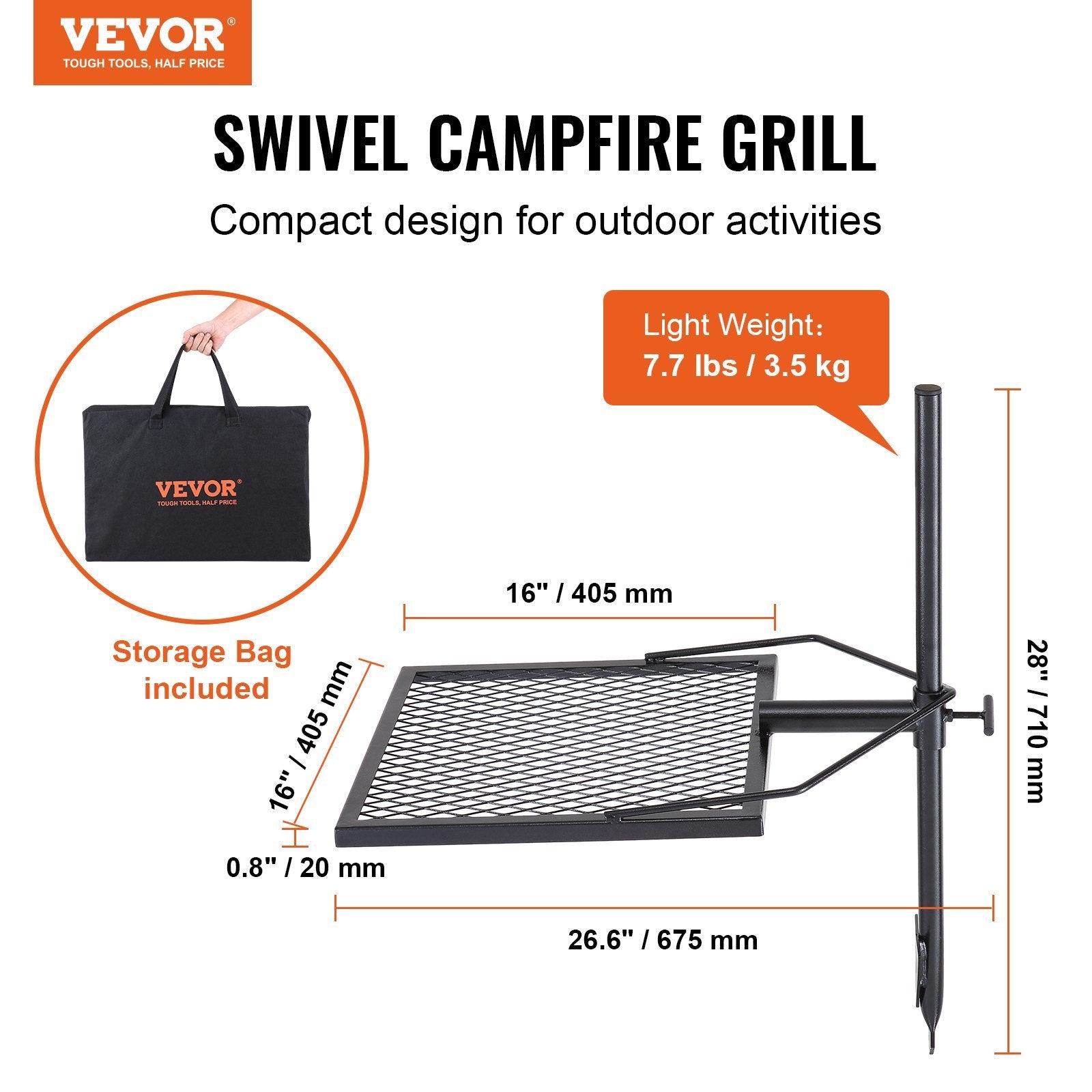 VEVOR Swivel Campfire Grill — 360° Adjustable Fire Pit Grill Grate