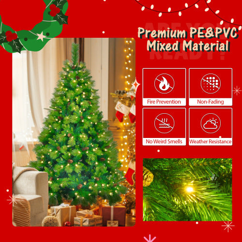 6FT Grass Green Pre-Lit Christmas Tree Set with 9ft Garland & 1.64ft Wreath