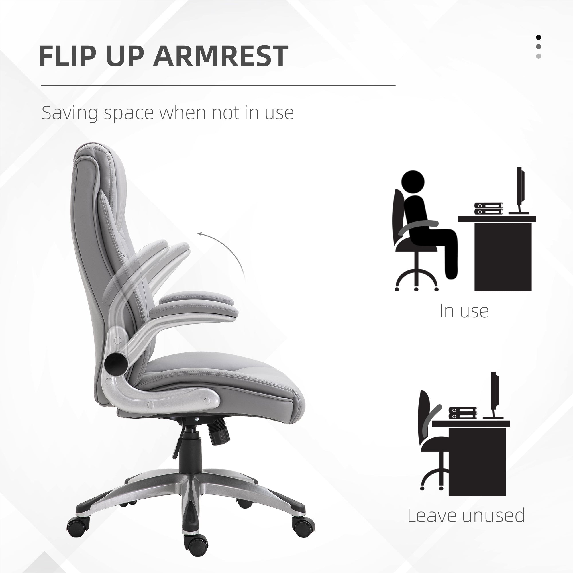 Coocosh Office Chair with Flip-Up Armrests, Ergonomic Design, Grey Upholstery, Standard Size, Side Perspective highlighting its space-saving feature when armrests are not in use.