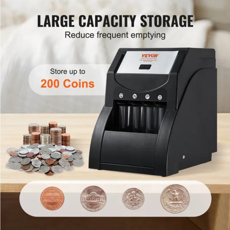 VEVOR USD Coin Sorter, Coin Sorter Machine For USD Coin 1 5 10 25, Sorts Up To 230 Coins Min, Coin Sorter And Wrapper Machine Holds 200 Coins Included 4 Coin Tubes, Black
