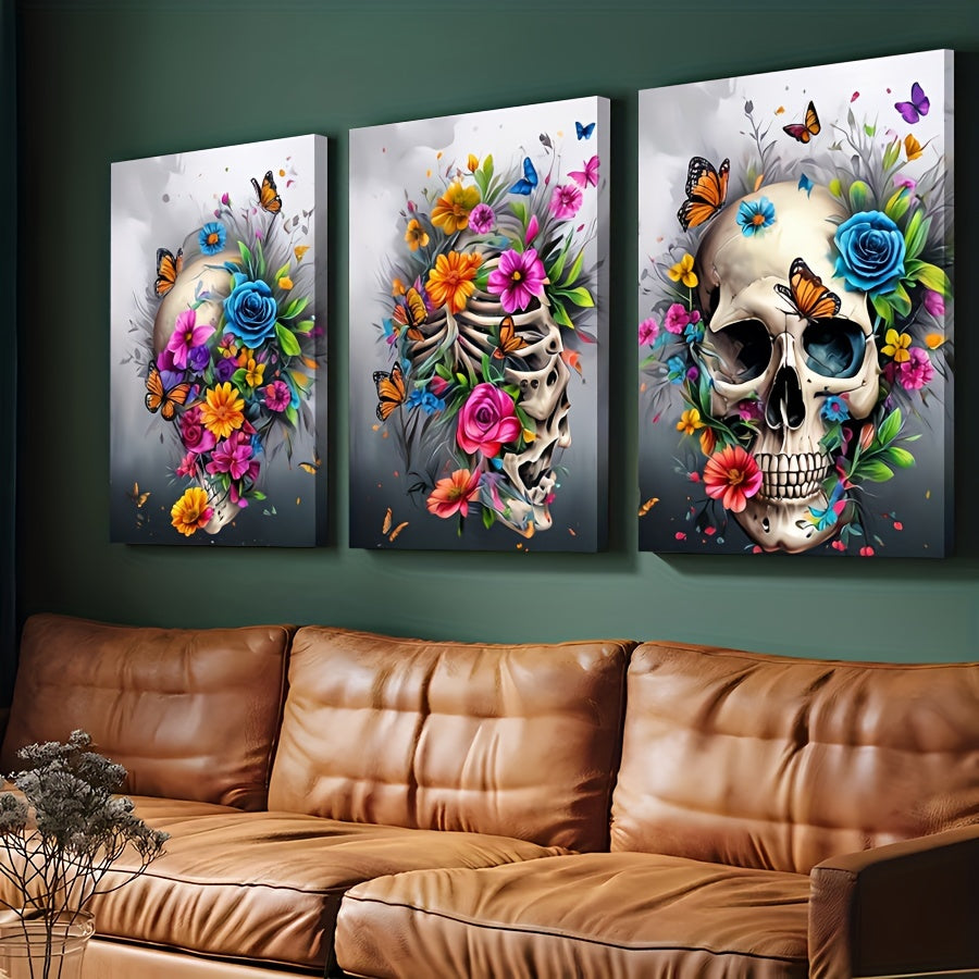 3 Pieces Skull Art Canvas Painting - Framed Contemporary Minimalist Artwork