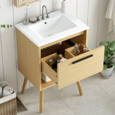 24" Bathroom Vanity With Sink Combo, Multi-functional Cabinet w/ Drawer - Natural
