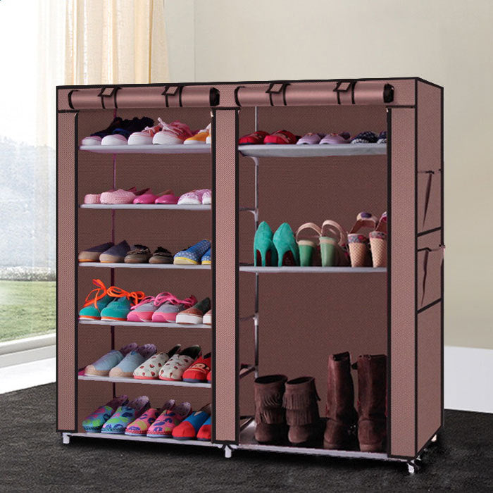 Double Row 9-Grid Non-woven Shoe Cabinet Boots - Coffee