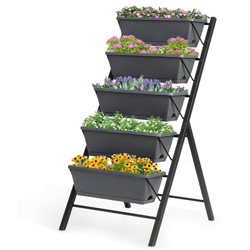 Coocosh Vertical Planter Stand with five staggered black planters filled with colorful flowers, including yellow, white, and purple blooms, ideal for maximizing space in gardens or patios, emphasizing urban gardening solutions.