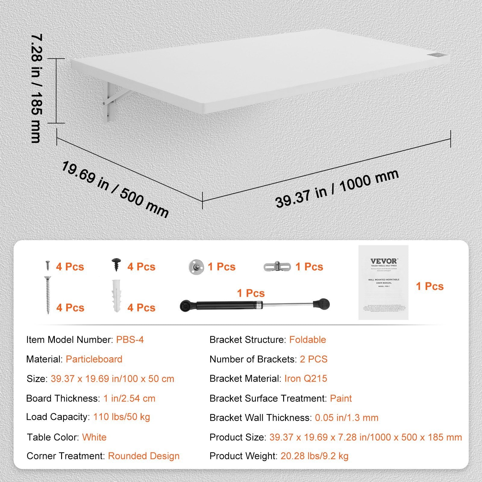 VEVOR Wall Mounted Folding Table, Wall Mount Drop Leaf Table, Floating Desk With Iron Bracket, Fold Down Desk For Small Spaces, Home Office, Dining, Laundry Room, Kitchen, Bar, White