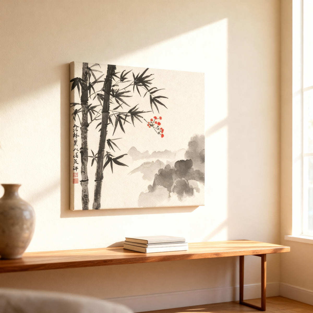 Framed artwork of bamboo and cherry blossoms on a wall above a wooden shelf.