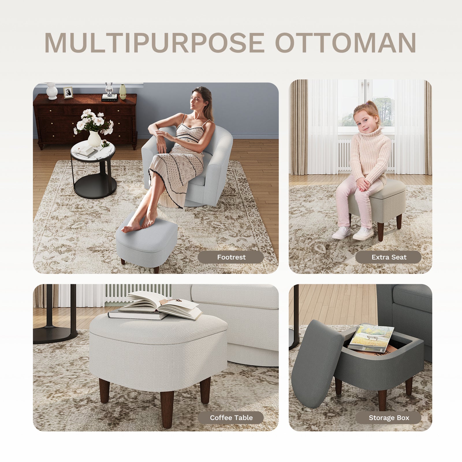 COLAMY Swivel Barrel Accent Chair With Ottoman, Modern Single Sofa, Upholstered Armchair With Storage Space For Home, Beige