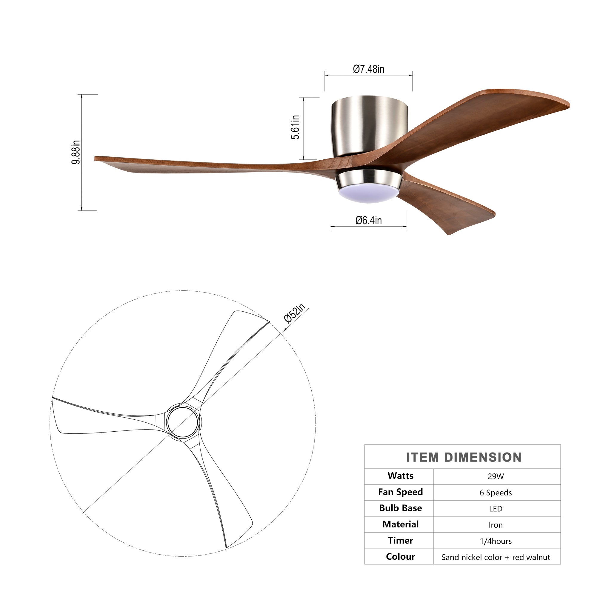 52" Ceiling Fan with Lights - DC Motor, Remote, Reversible (Stain Nickel + Walnut)